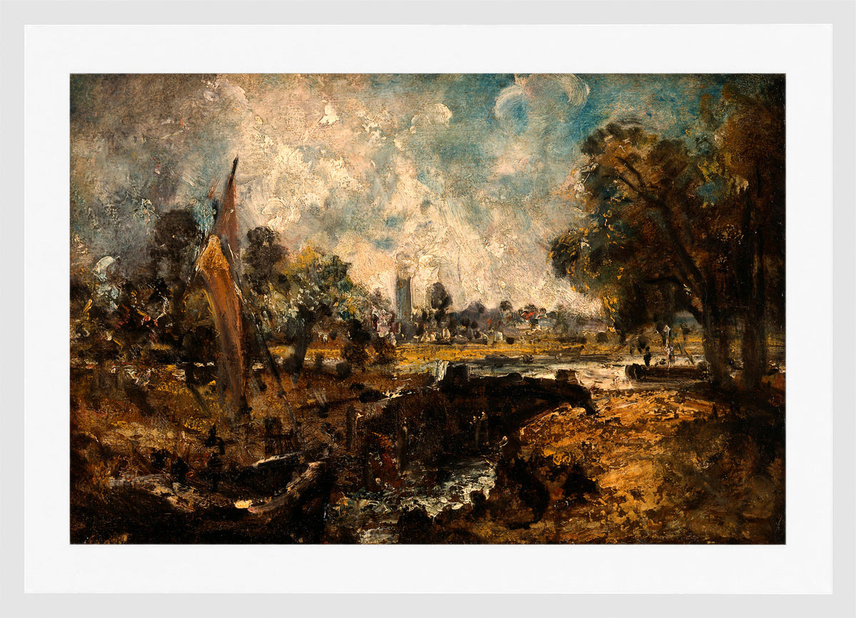 John Constable Print, Dedham Lock (1819 to 1820) in a white frame