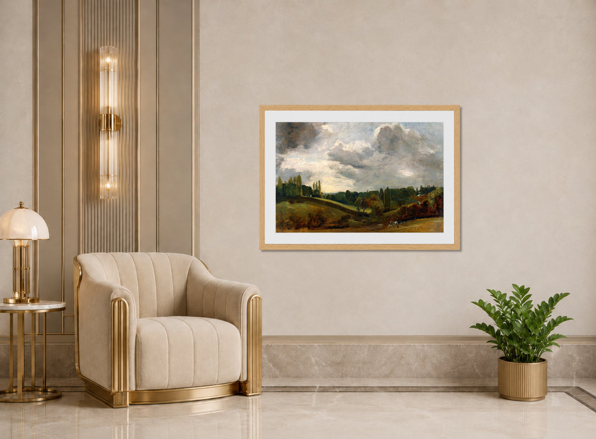 John Constable Print, East Bergholt (ca displayed in an Art Deco interior