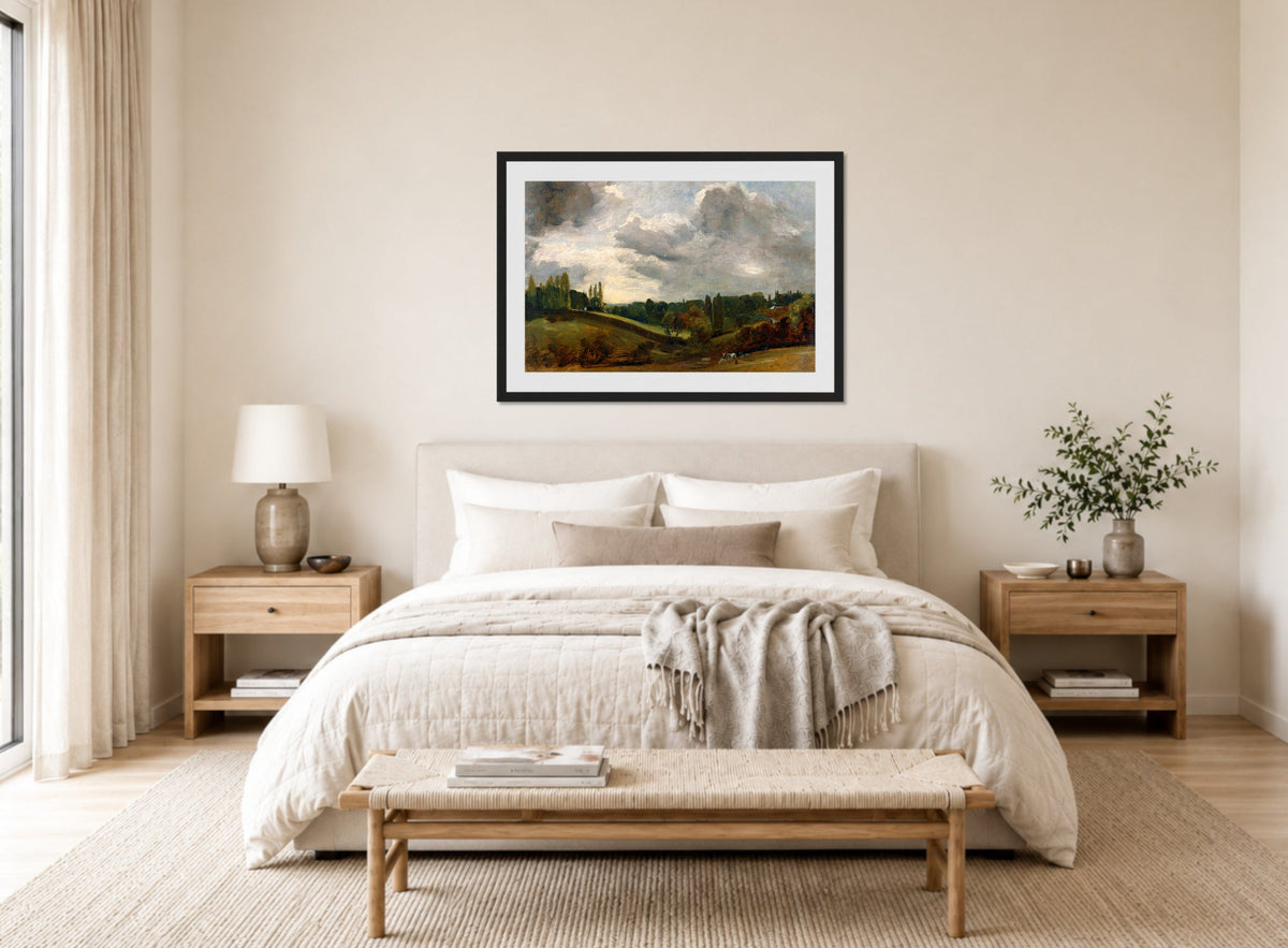 John Constable Print, East Bergholt (ca displayed above a bed