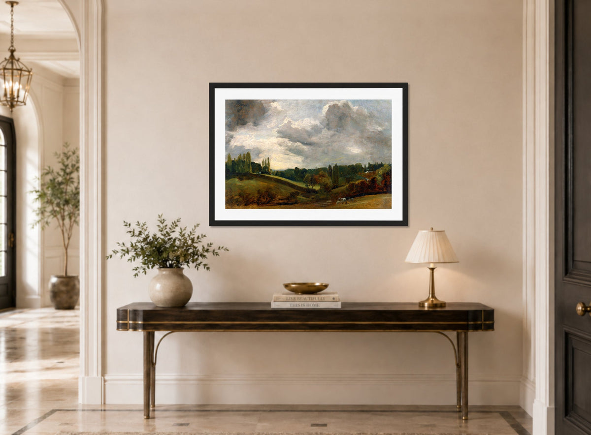 John Constable Print, East Bergholt (ca displayed above a console table