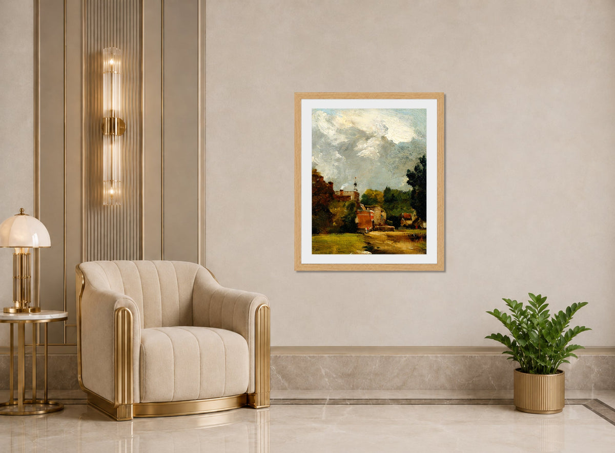 John Constable Print, East Bergholt Church (1809) displayed in an Art Deco interior