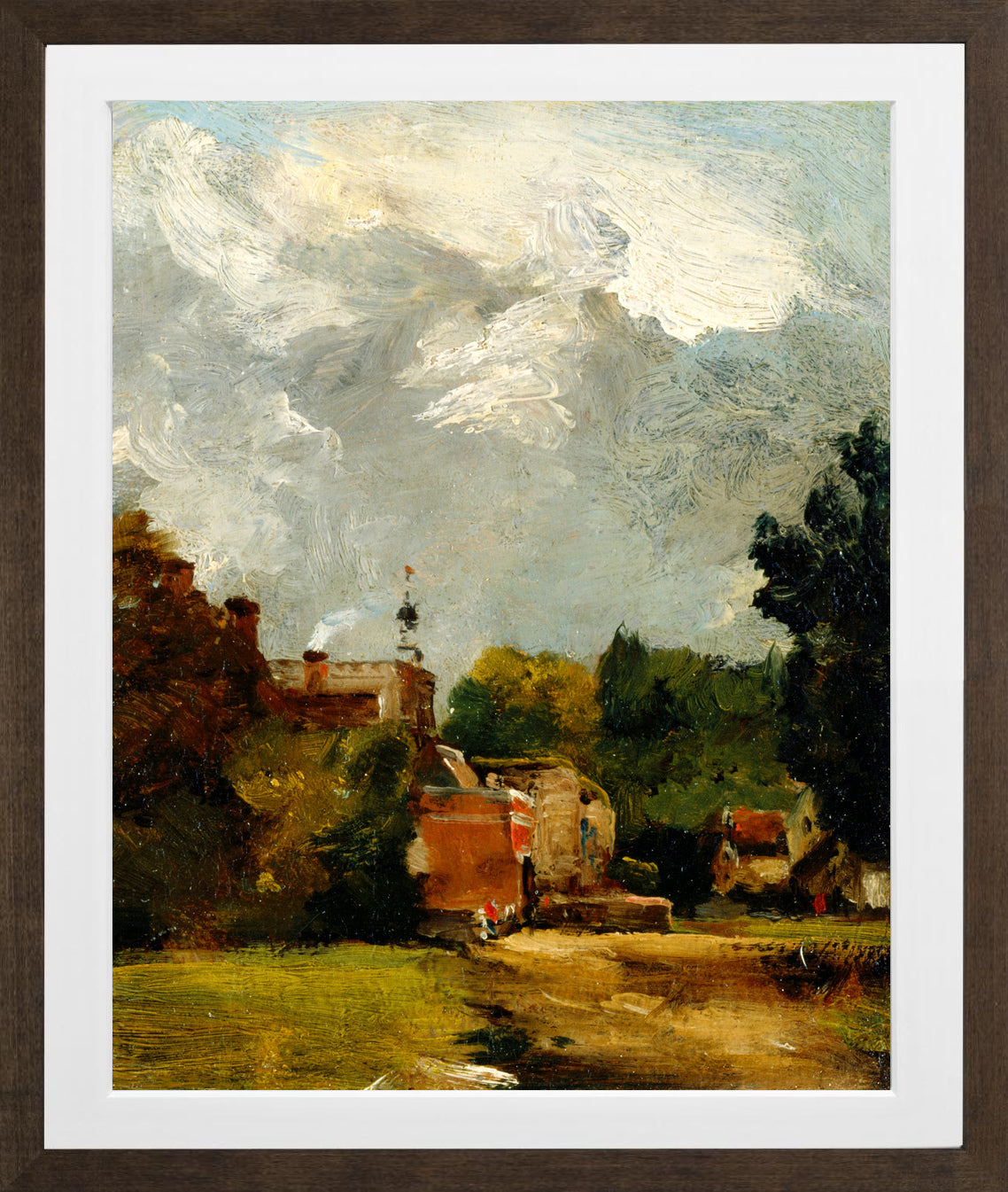 John Constable Print, East Bergholt Church (1809) in a brown frame