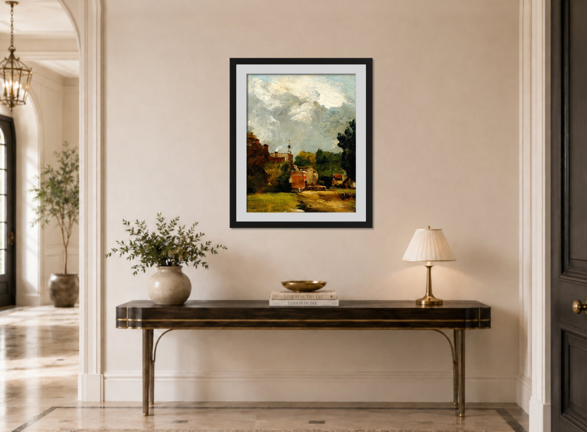 John Constable Print, East Bergholt Church (1809) displayed above a console table