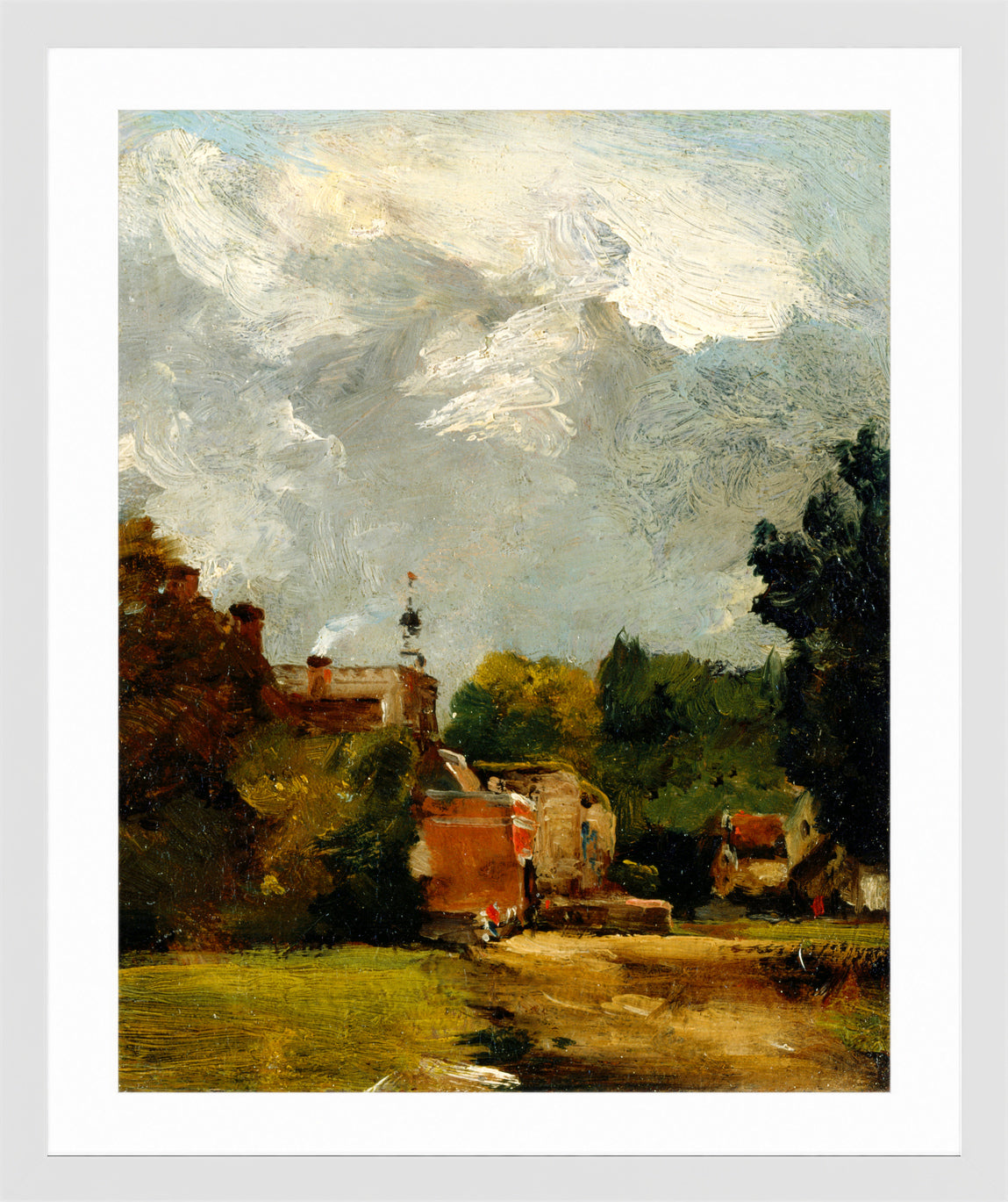 John Constable Print, East Bergholt Church (1809) in a white frame