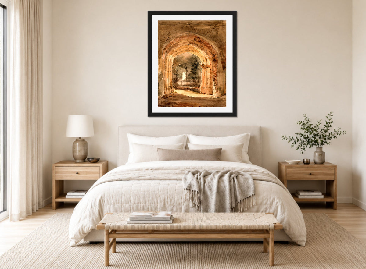 John Constable Print, East Bergholt Church, Looking Out the South Archway of the Ruined Tower (1806) displayed above a bed