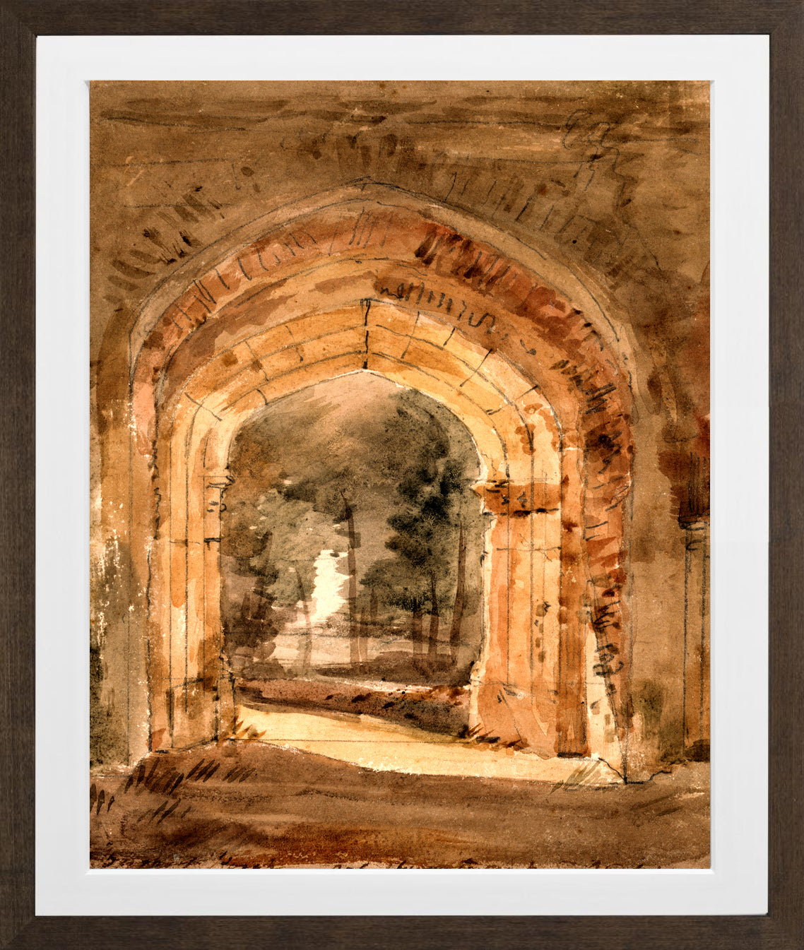John Constable Print, East Bergholt Church, Looking Out the South Archway of the Ruined Tower (1806) in a brown frame
