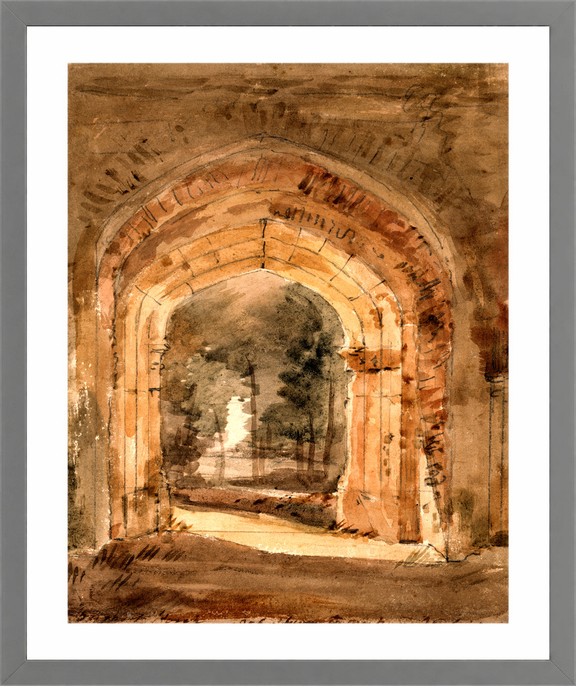 John Constable Print, East Bergholt Church, Looking Out the South Archway of the Ruined Tower (1806) in a light grey frame