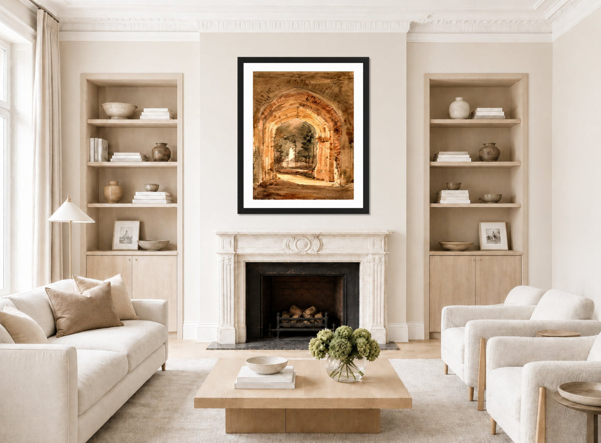 John Constable Print, East Bergholt Church, Looking Out the South Archway of the Ruined Tower (1806) displayed in a Scandinavian living room