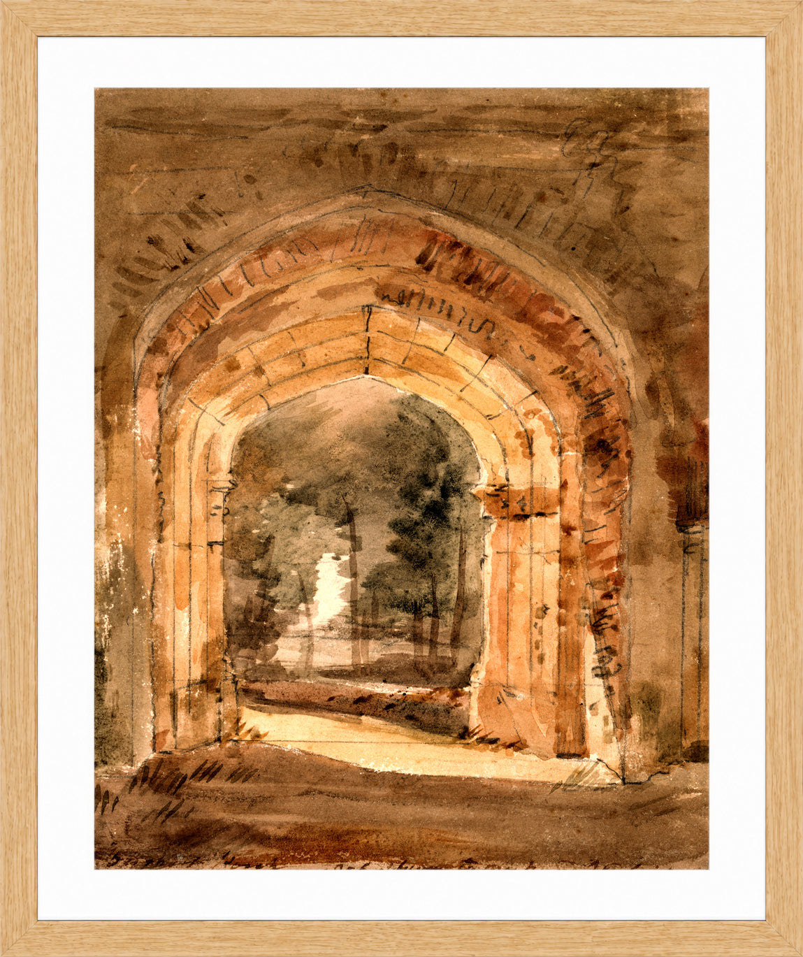 John Constable Print, East Bergholt Church, Looking Out the South Archway of the Ruined Tower (1806) in an oak frame