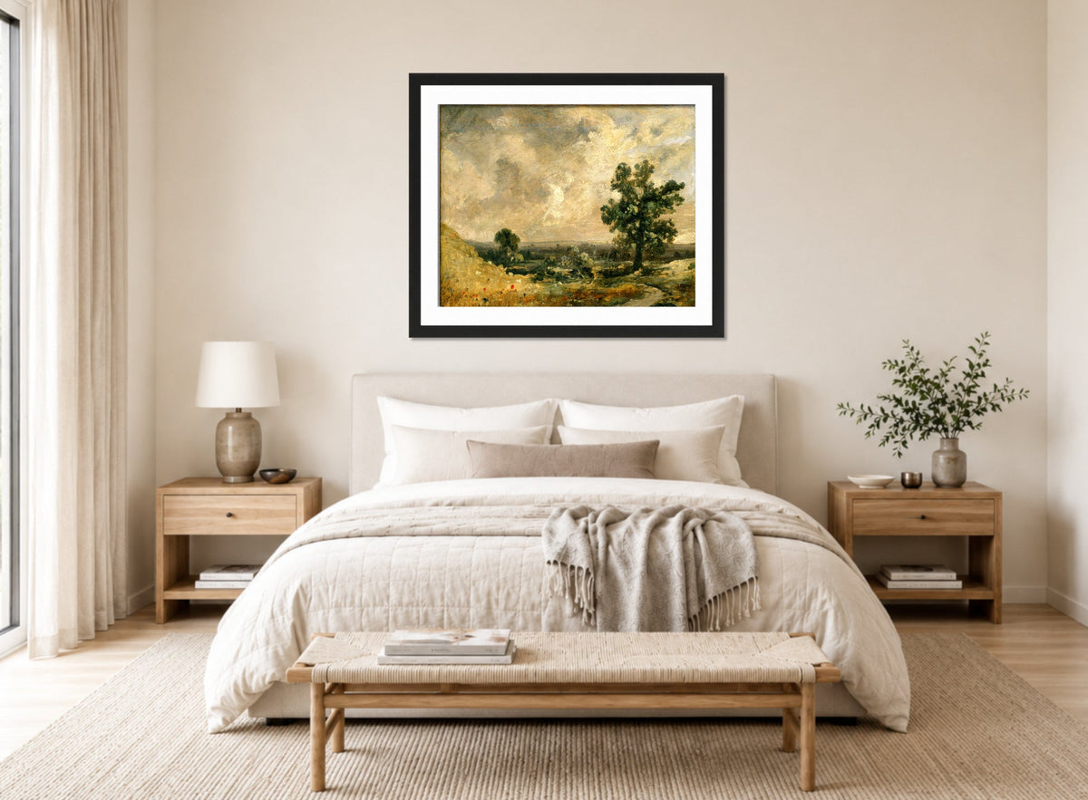 John Constable Print, English Landscape displayed above a bed