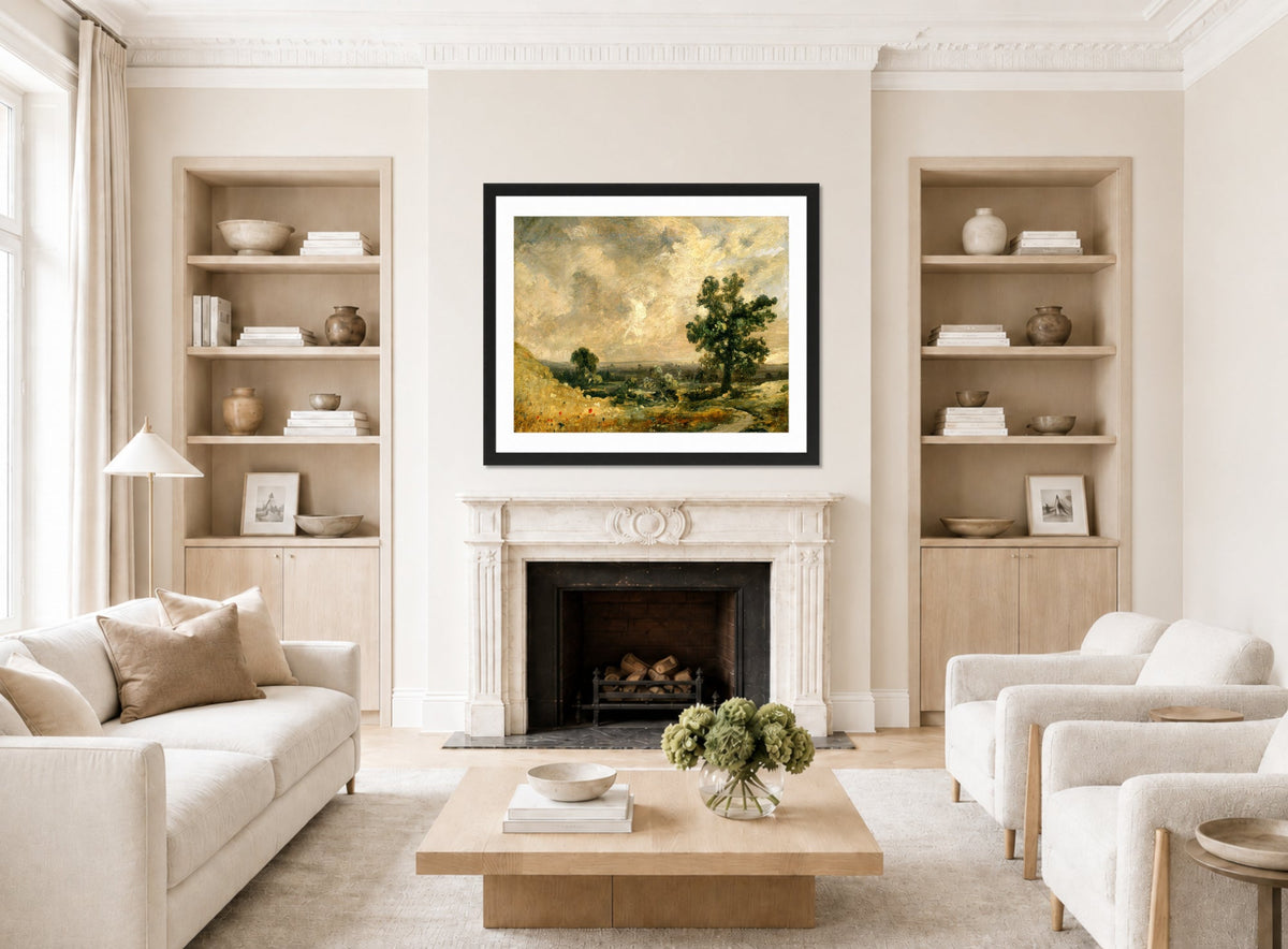 John Constable Print, English Landscape displayed in a Scandinavian living room