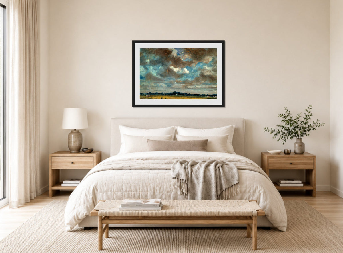 John Constable Print, Extensive Landscape with Grey Clouds (ca displayed above a bed