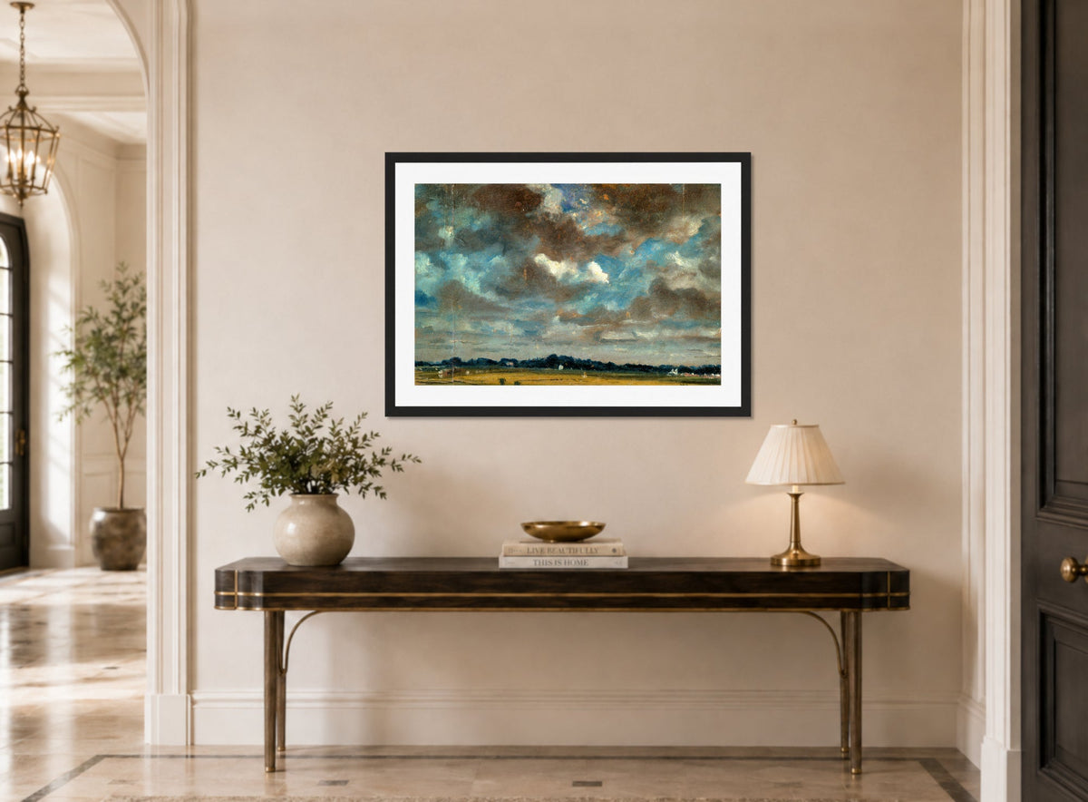 John Constable Print, Extensive Landscape with Grey Clouds (ca displayed above a console table