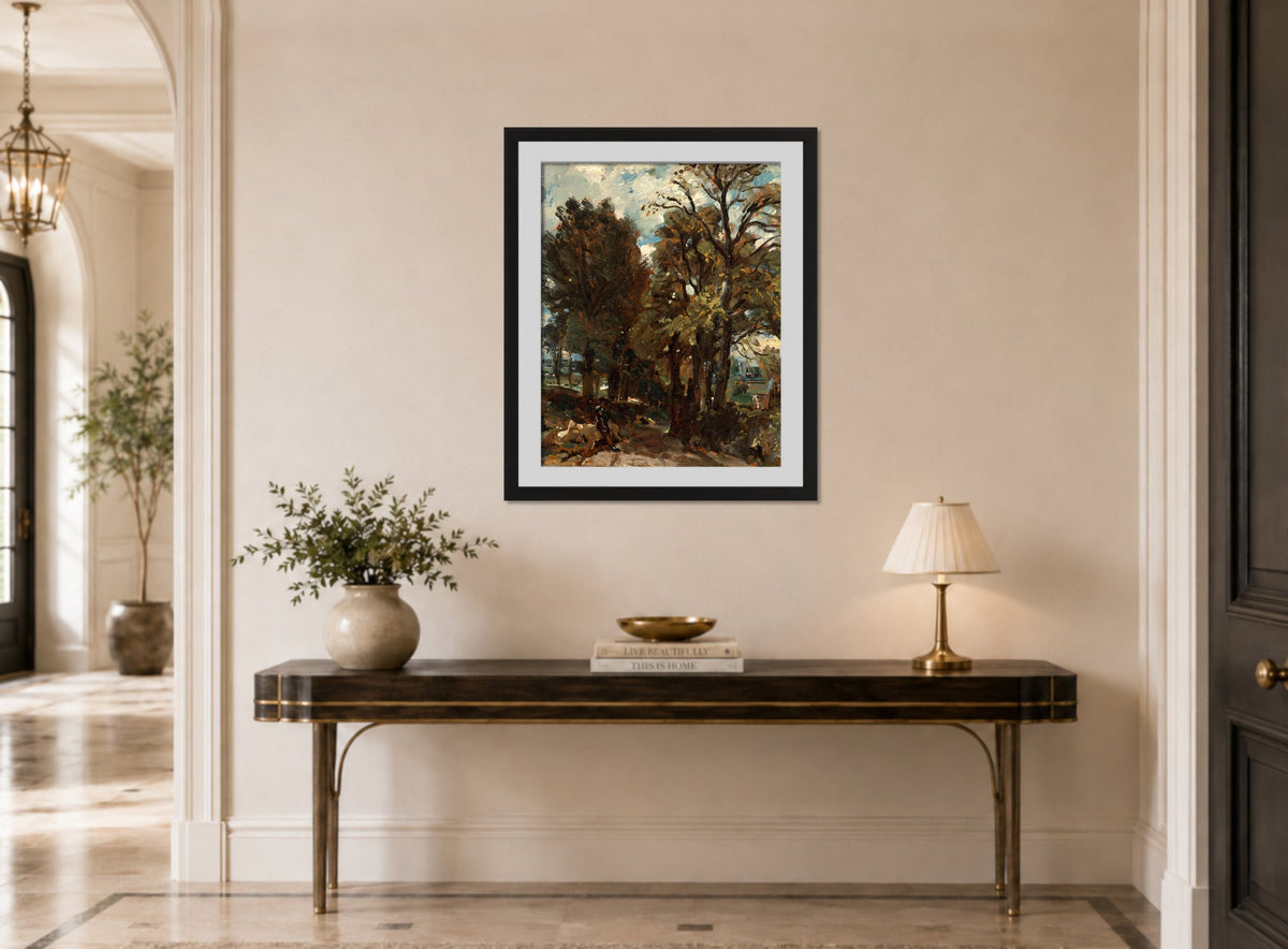 John Constable Print, Fen Lane, East Bergholt (ca displayed above a console table
