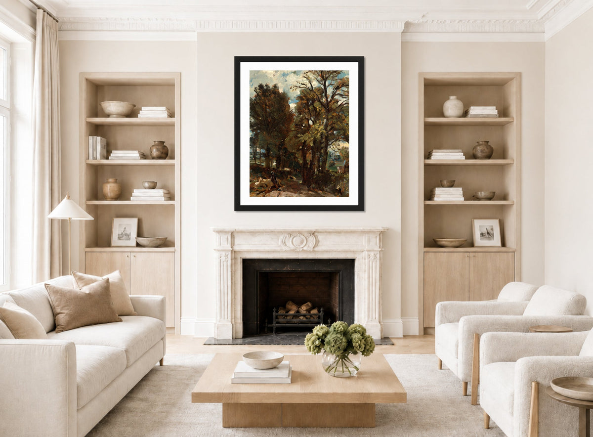 John Constable Print, Fen Lane, East Bergholt (ca displayed in a Scandinavian living room