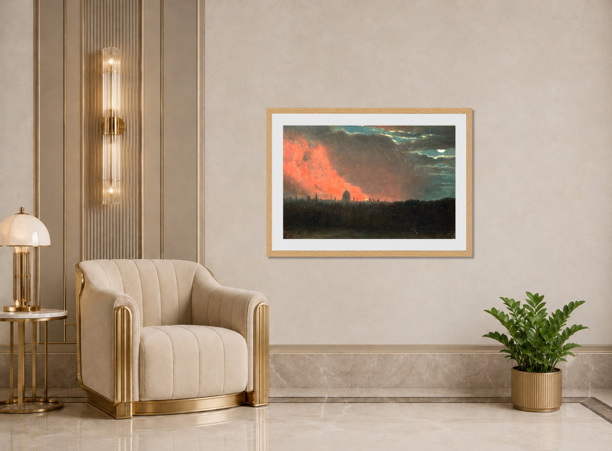 John Constable Print, Fire in London, Seen from Hampstead displayed in an Art Deco interior