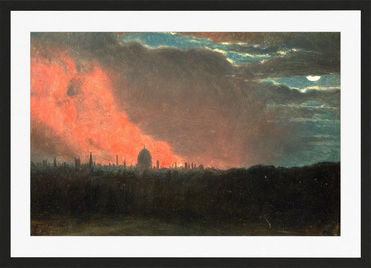 John Constable Print, Fire in London, Seen from Hampstead in a black frame