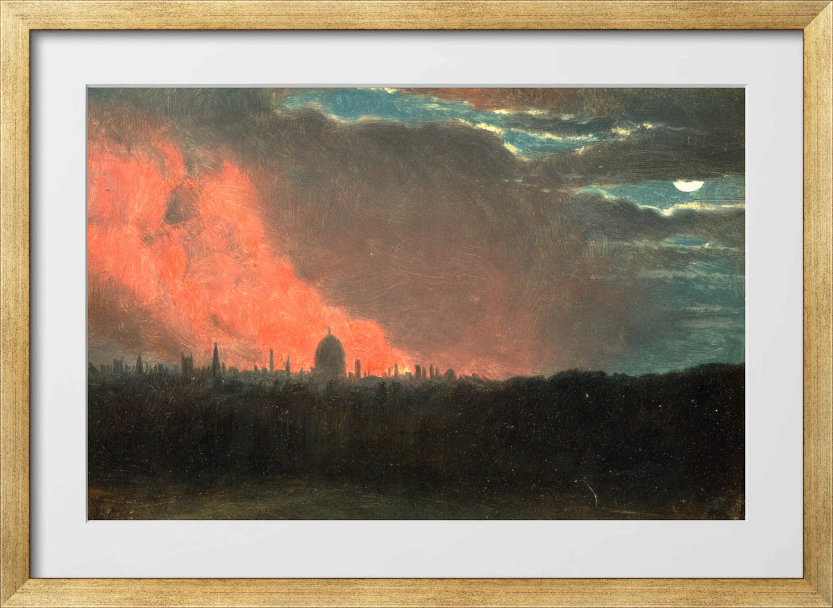 John Constable Print, Fire in London, Seen from Hampstead in a gold frame