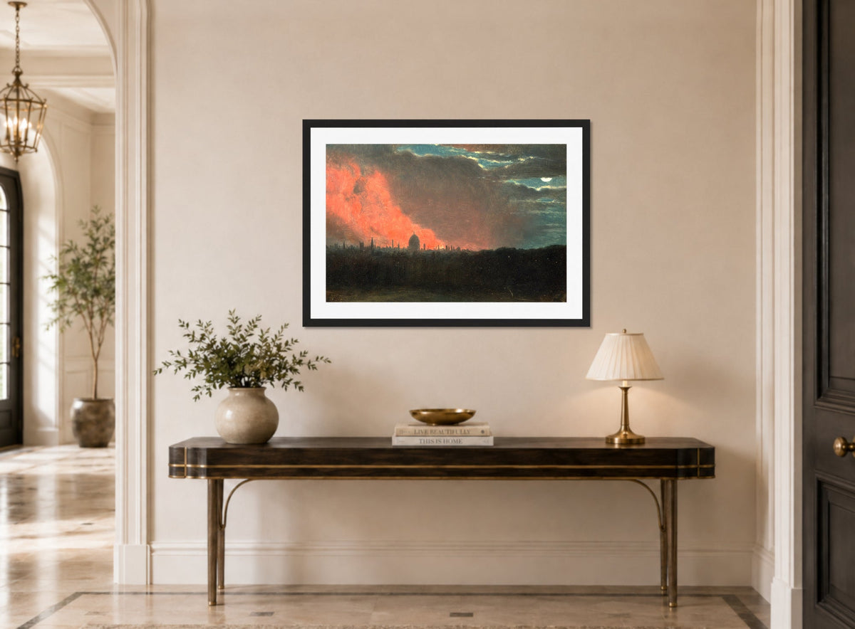 John Constable Print, Fire in London, Seen from Hampstead displayed above a console table