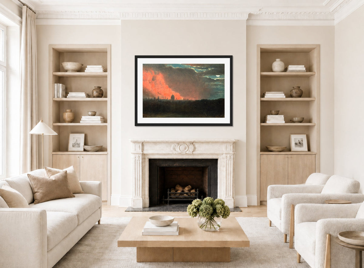 John Constable Print, Fire in London, Seen from Hampstead displayed in a Scandinavian living room