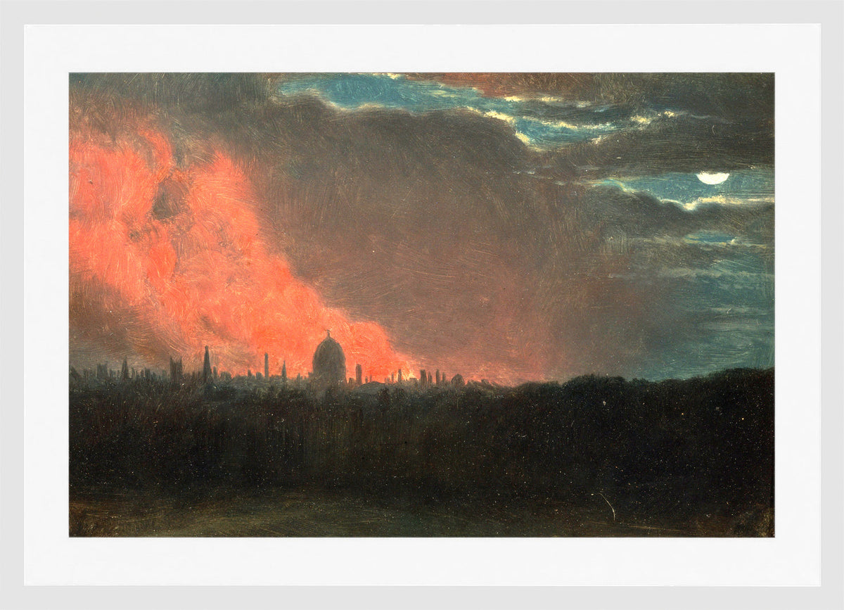 John Constable Print, Fire in London, Seen from Hampstead in a white frame