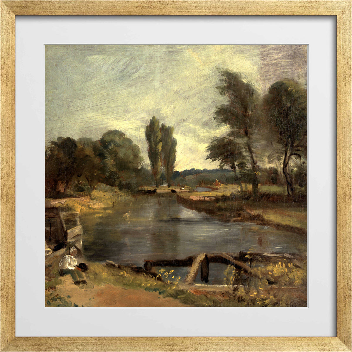 John Constable Print, Flatford Lock (1810-1811) in a gold frame