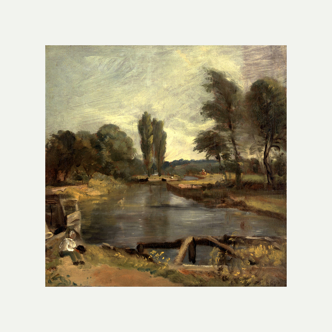 John Constable Print, Flatford Lock (1810-1811) with an off-white border for rolled canvas