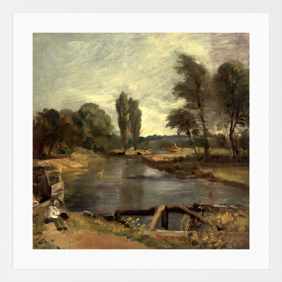 John Constable Print, Flatford Lock (1810-1811) in a white frame