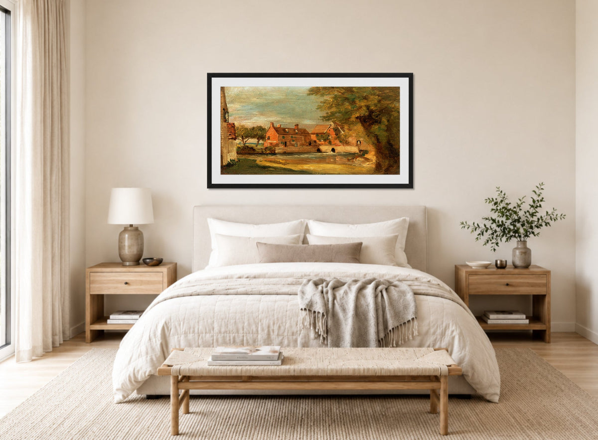 John Constable Print, Flatford Mill (1810-1811) displayed above a bed