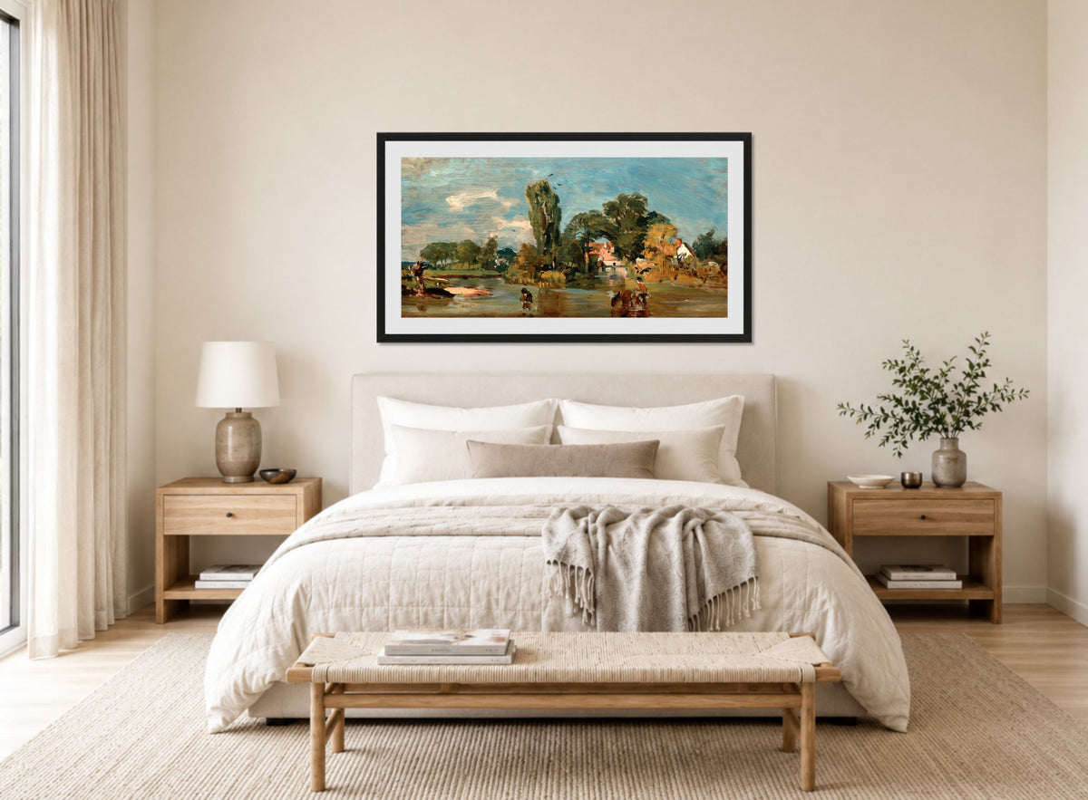 John Constable Print, Flatford Mill displayed above a bed