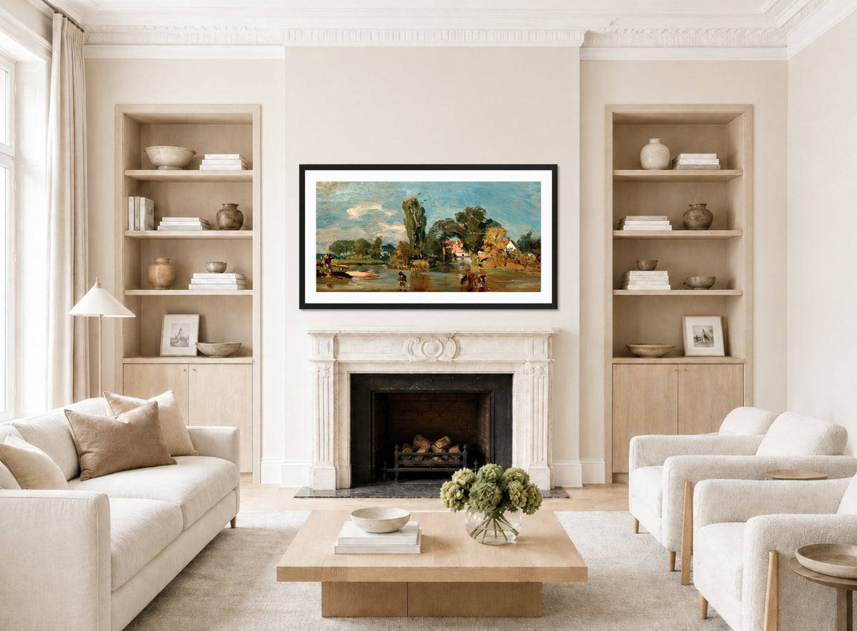 John Constable Print, Flatford Mill displayed in a Scandinavian living room