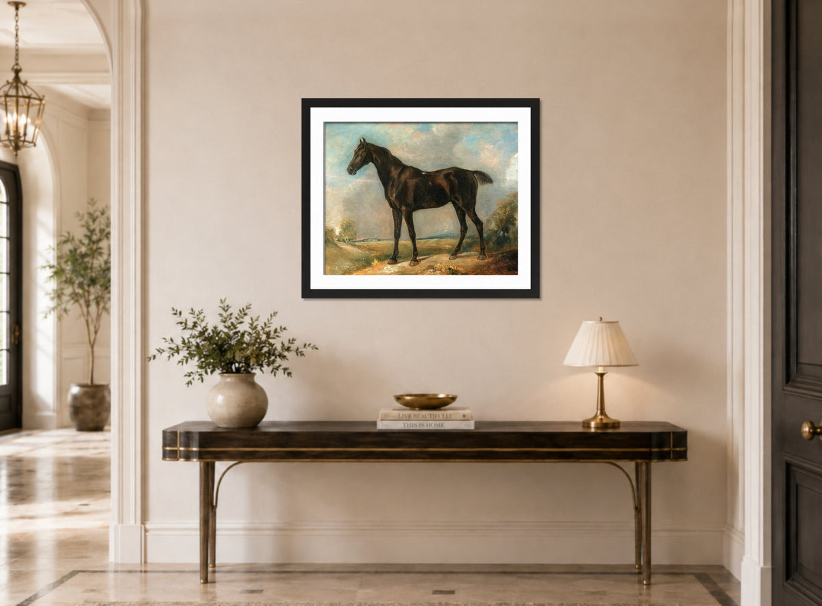 John Constable Print, Golding Constable’s Black Riding-Horse displayed above a console table