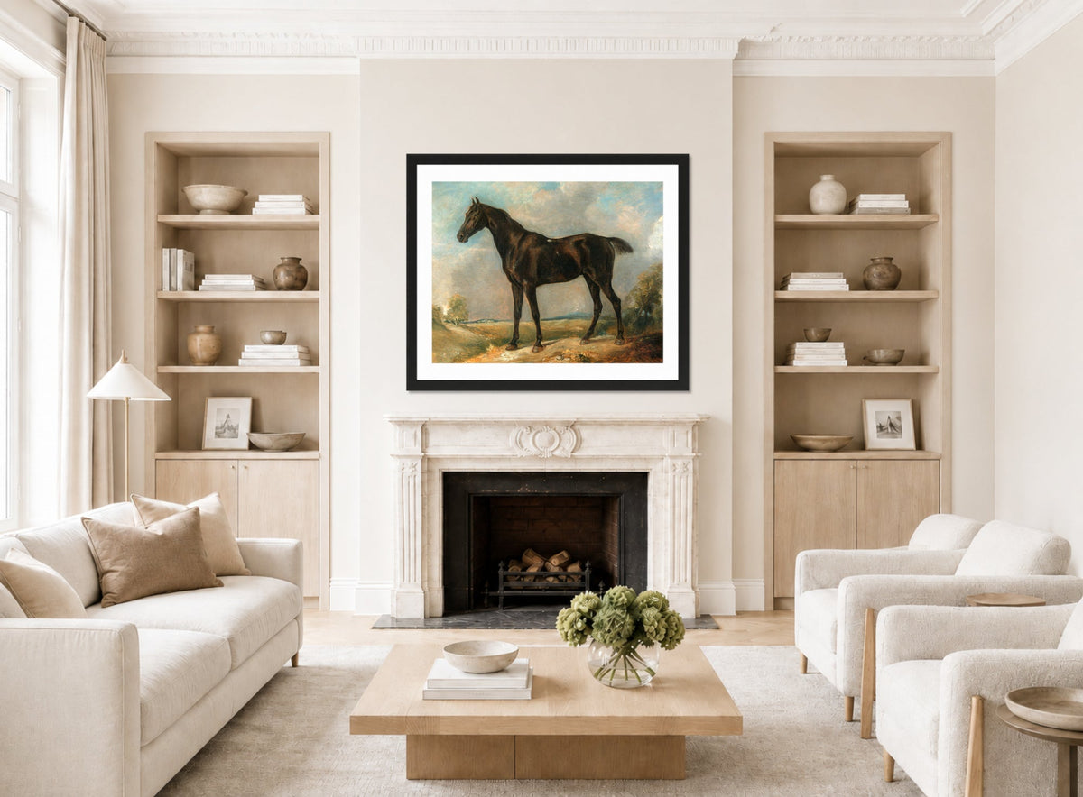 John Constable Print, Golding Constable’s Black Riding-Horse displayed in a Scandinavian living room