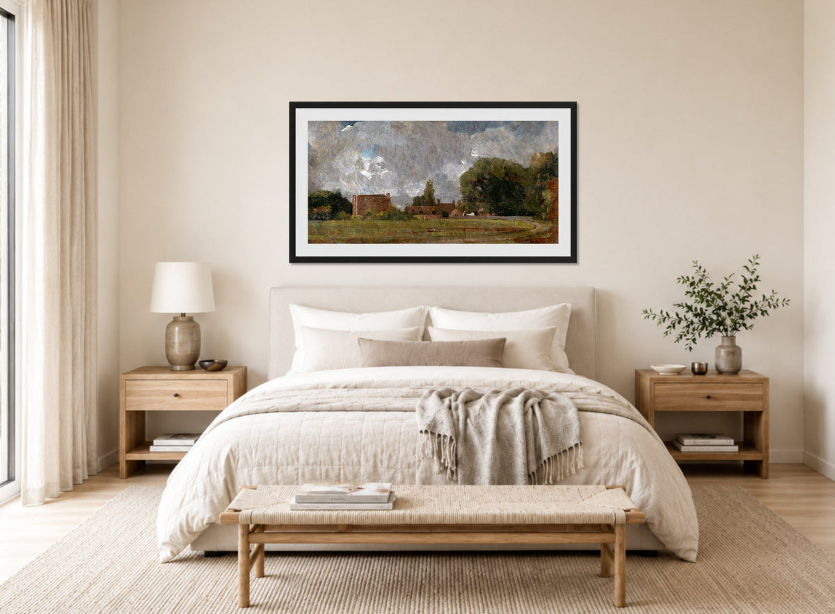 John Constable Print, Golding Constable’s House, East Bergholt; the Artist’s birthplace (1809) displayed above a bed