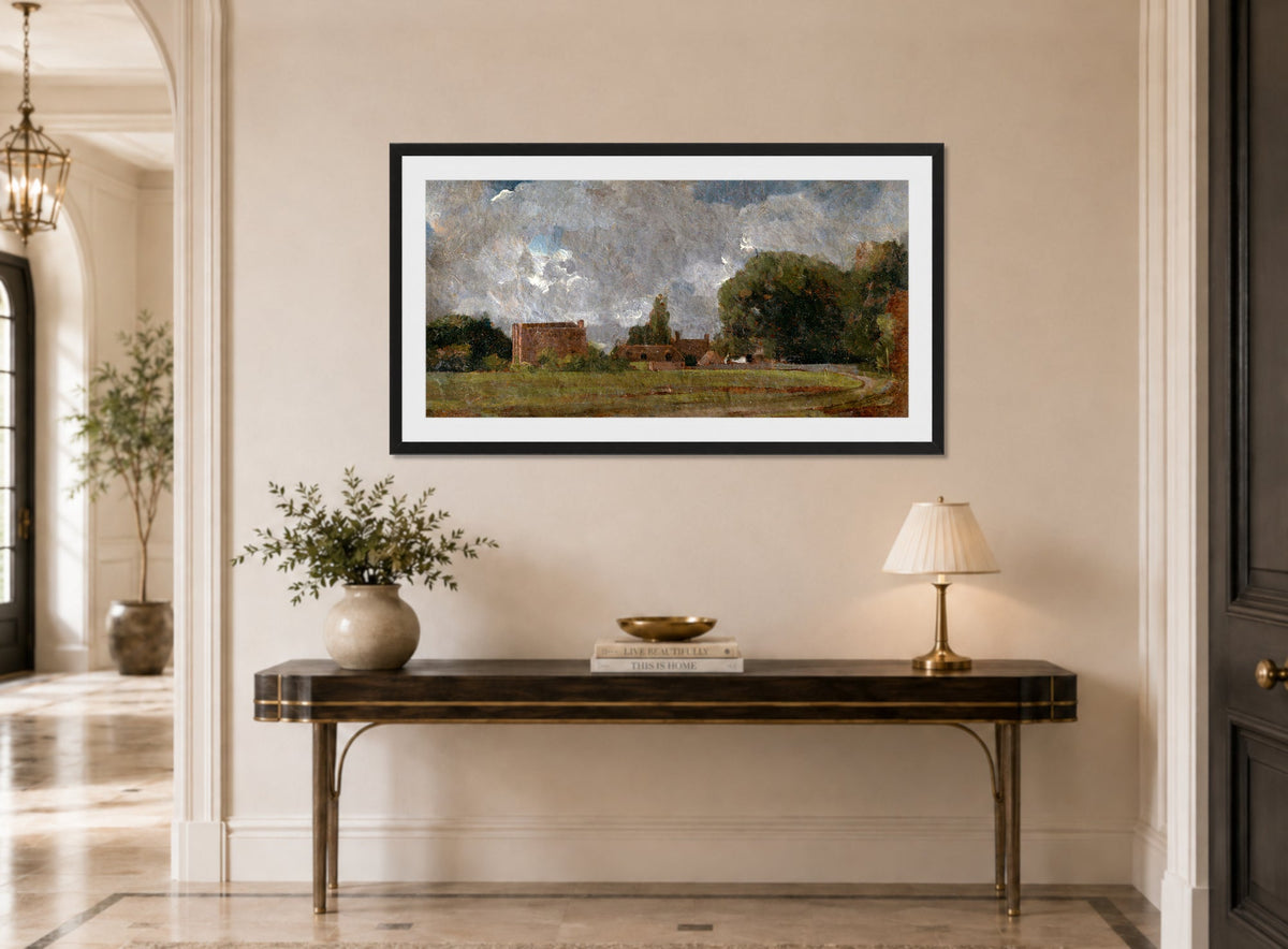 John Constable Print, Golding Constable’s House, East Bergholt; the Artist’s birthplace (1809) displayed above a console table