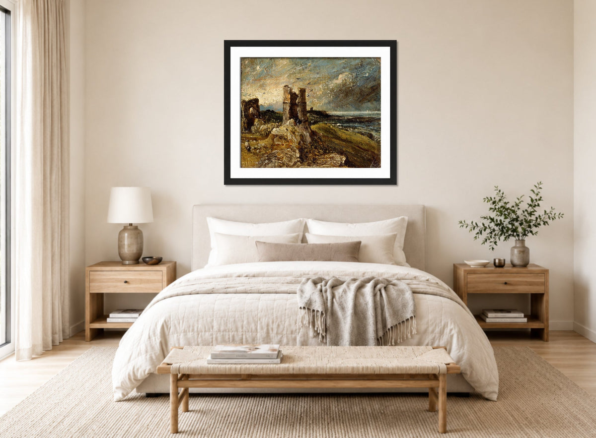 John Constable Print, Hadleigh Castle (1828-1829) displayed above a bed