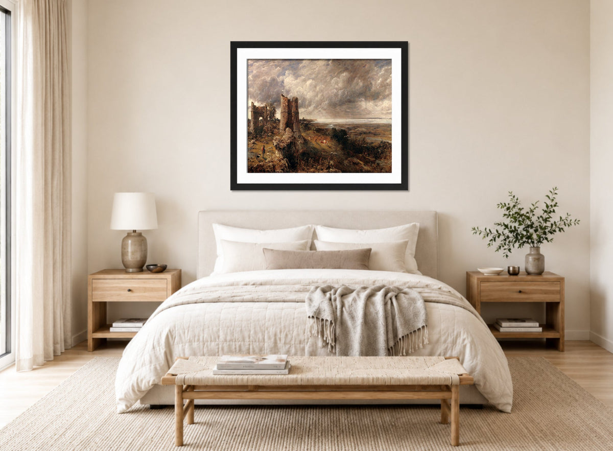 John Constable Print, Hadleigh Castle, The Mouth of the Thames–Morning after a Stormy Night (1829) displayed above a bed