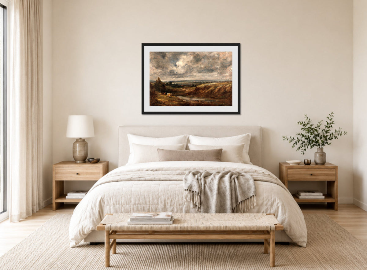 John Constable Print, Hampstead Heath (1825-1830) displayed above a bed