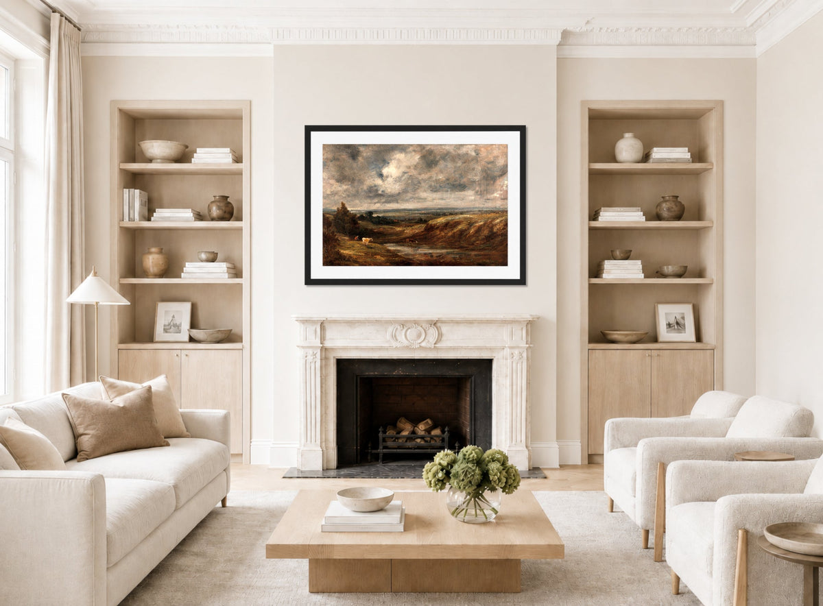 John Constable Print, Hampstead Heath (1825-1830) displayed in a Scandinavian living room