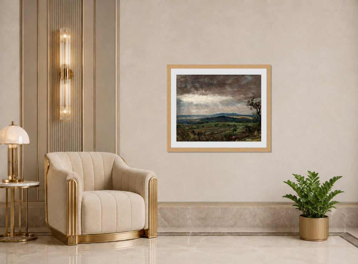 John Constable Print, Hampstead Heath, Looking Toward Harrow (1821-1822) displayed in an Art Deco interior