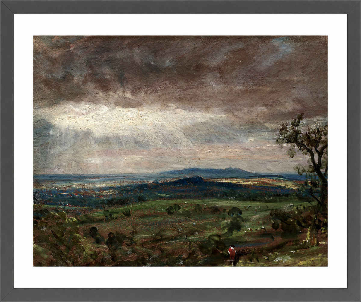 John Constable Print, Hampstead Heath, Looking Toward Harrow (1821-1822) in a dark grey frame