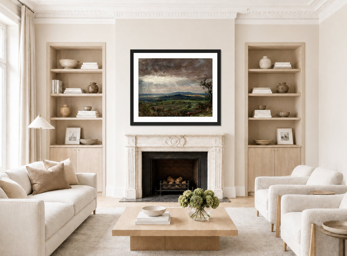 John Constable Print, Hampstead Heath, Looking Toward Harrow (1821-1822) displayed in a Scandinavian living room