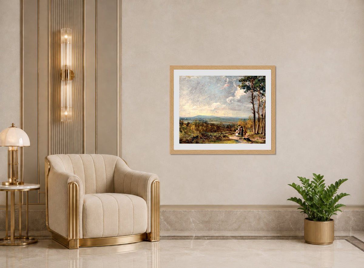 John Constable Print, Hampstead Heath Looking Towards Harrow (1821) displayed in an Art Deco interior