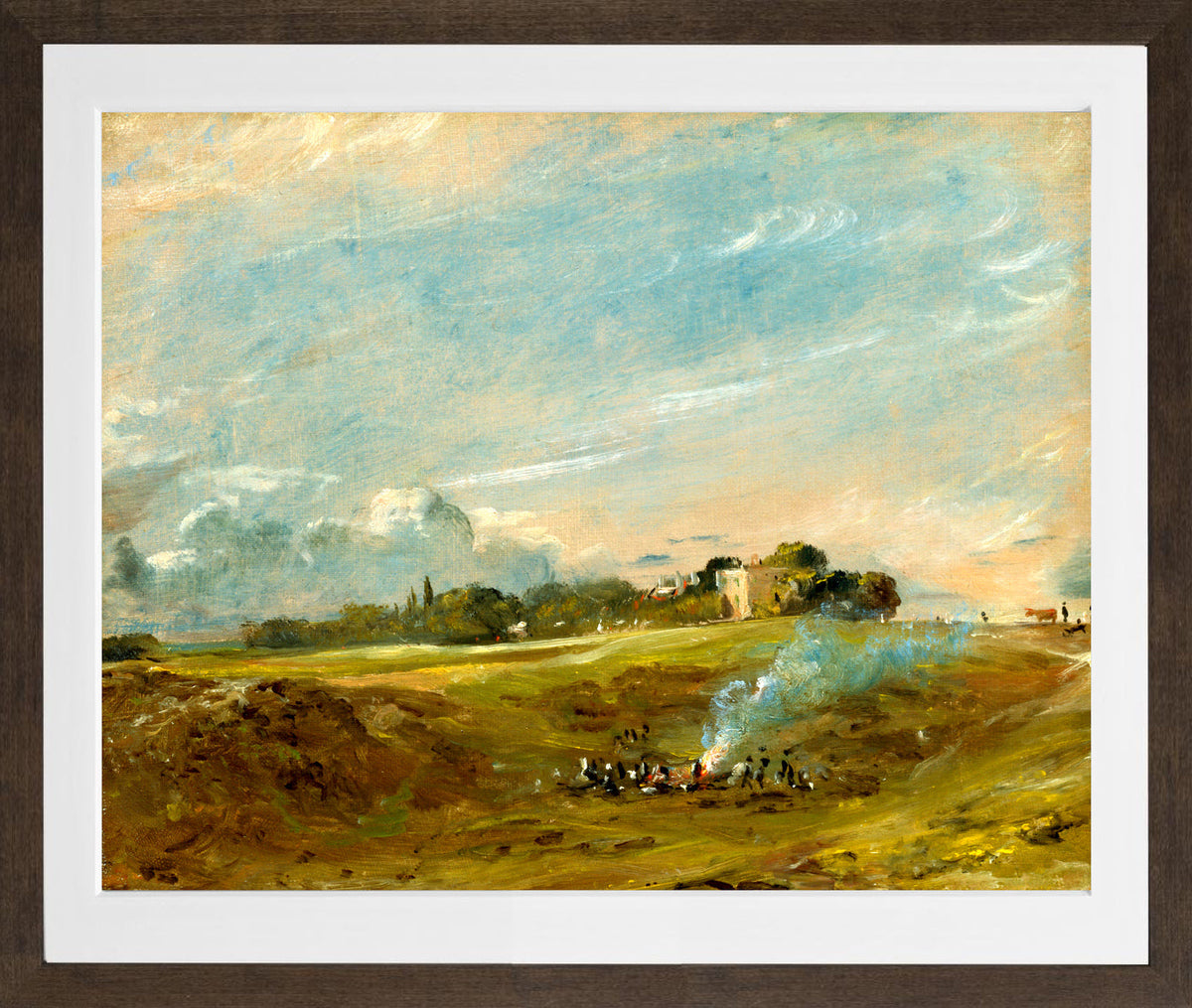 John Constable Print, Hampstead Heath, with a Bonfire (ca in a brown frame