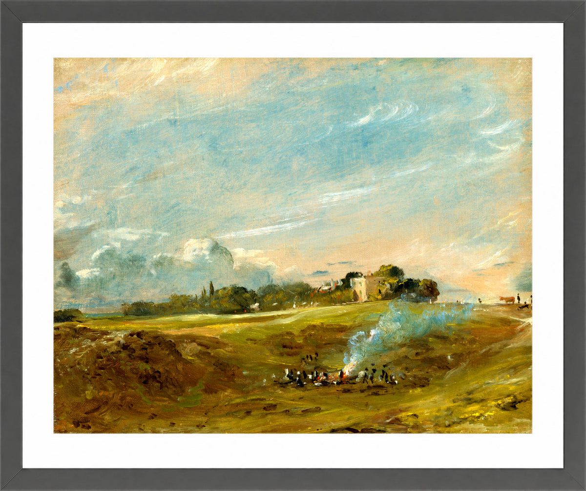 John Constable Print, Hampstead Heath, with a Bonfire (ca in a dark grey frame