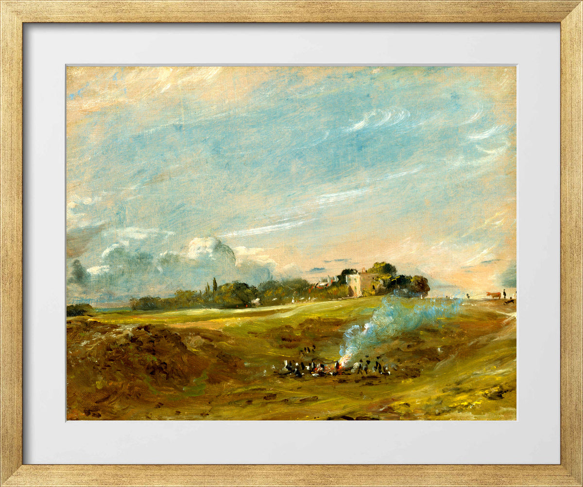 John Constable Print, Hampstead Heath, with a Bonfire (ca in a gold frame