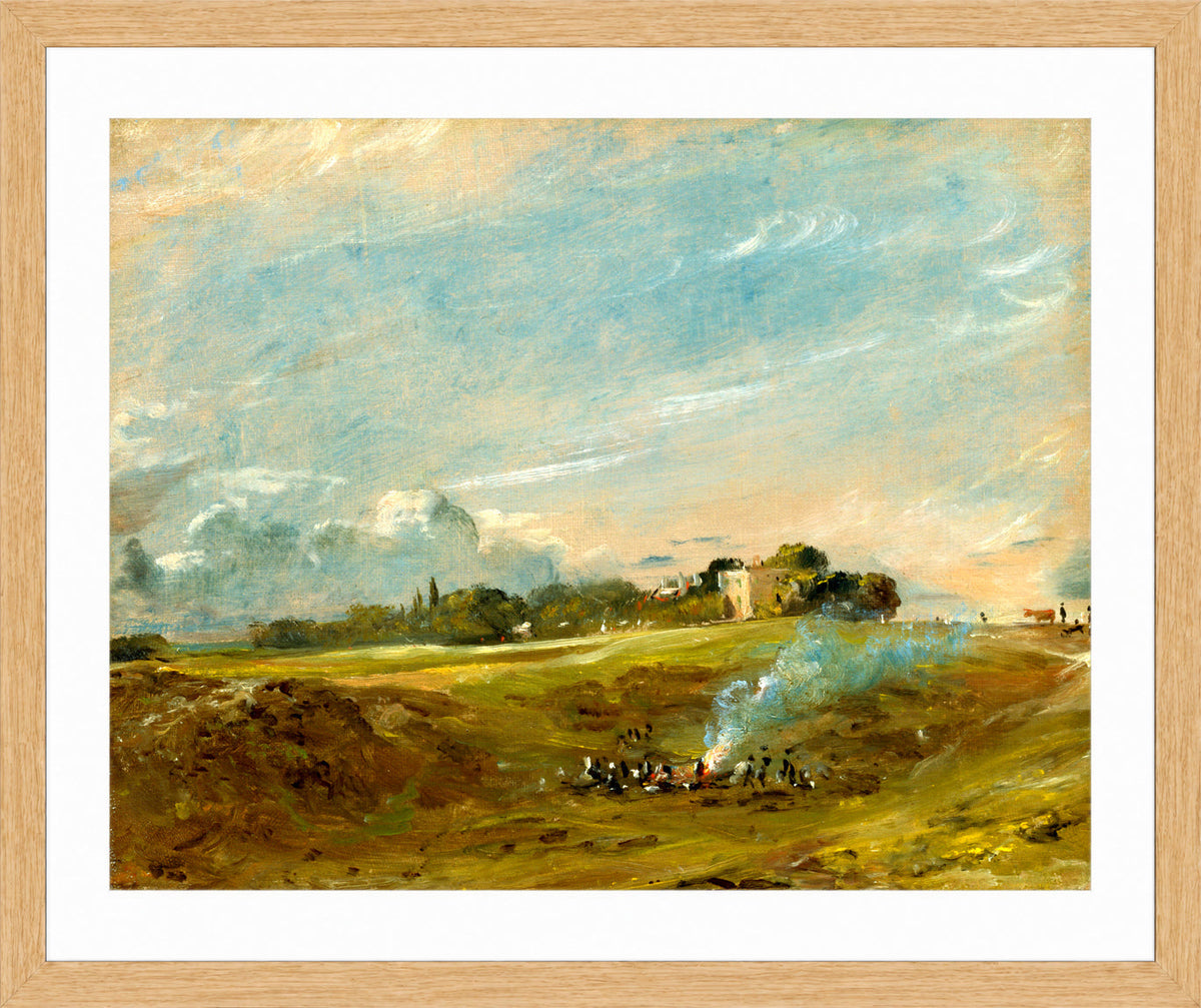 John Constable Print, Hampstead Heath, with a Bonfire (ca in an oak frame