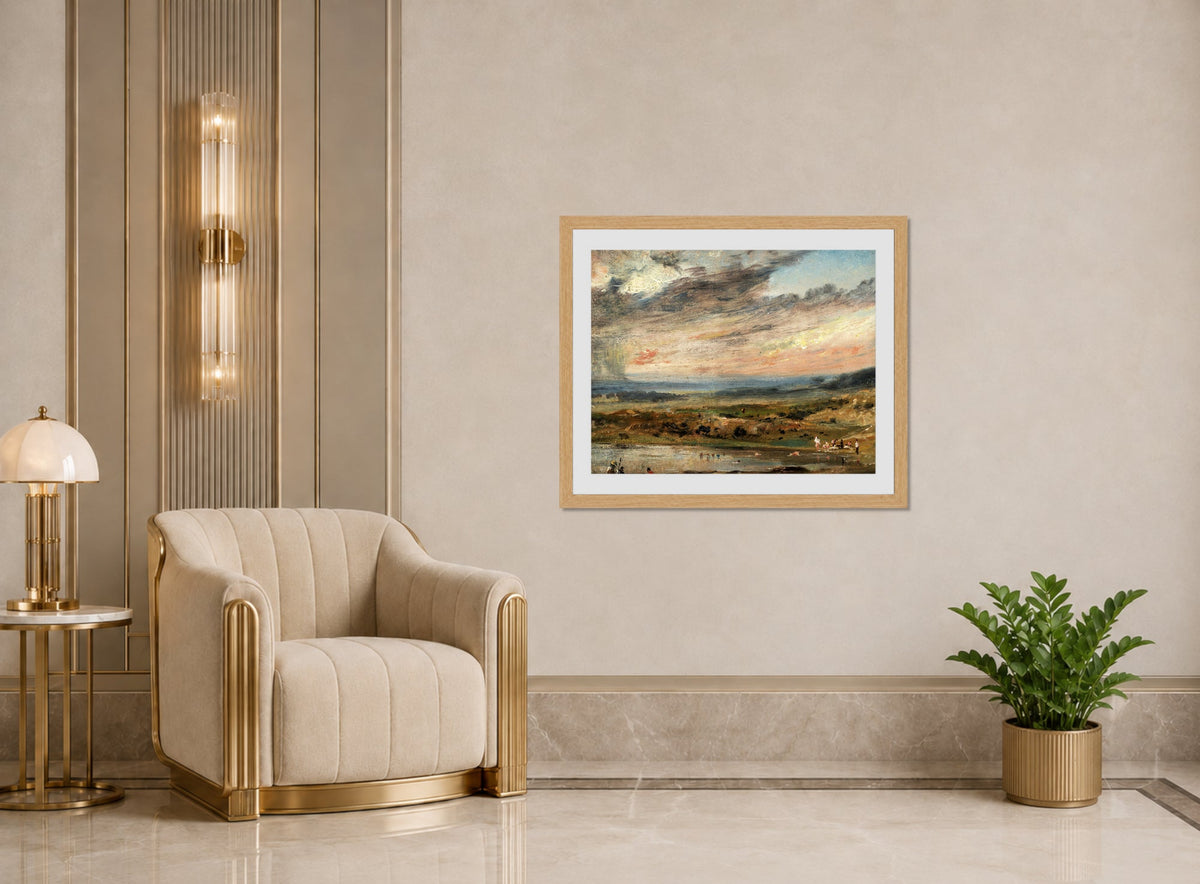 John Constable Print, Hampstead Heath, with Pond and Bathers (1821) displayed in an Art Deco interior
