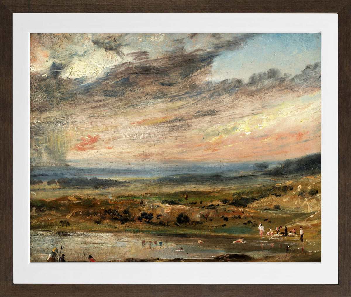 John Constable Print, Hampstead Heath, with Pond and Bathers (1821) in a brown frame
