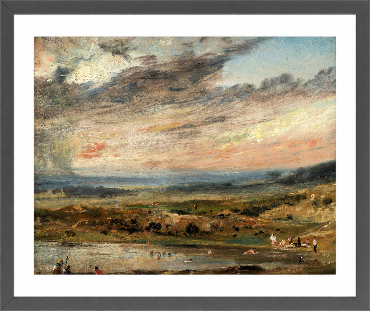John Constable Print, Hampstead Heath, with Pond and Bathers (1821) in a dark grey frame
